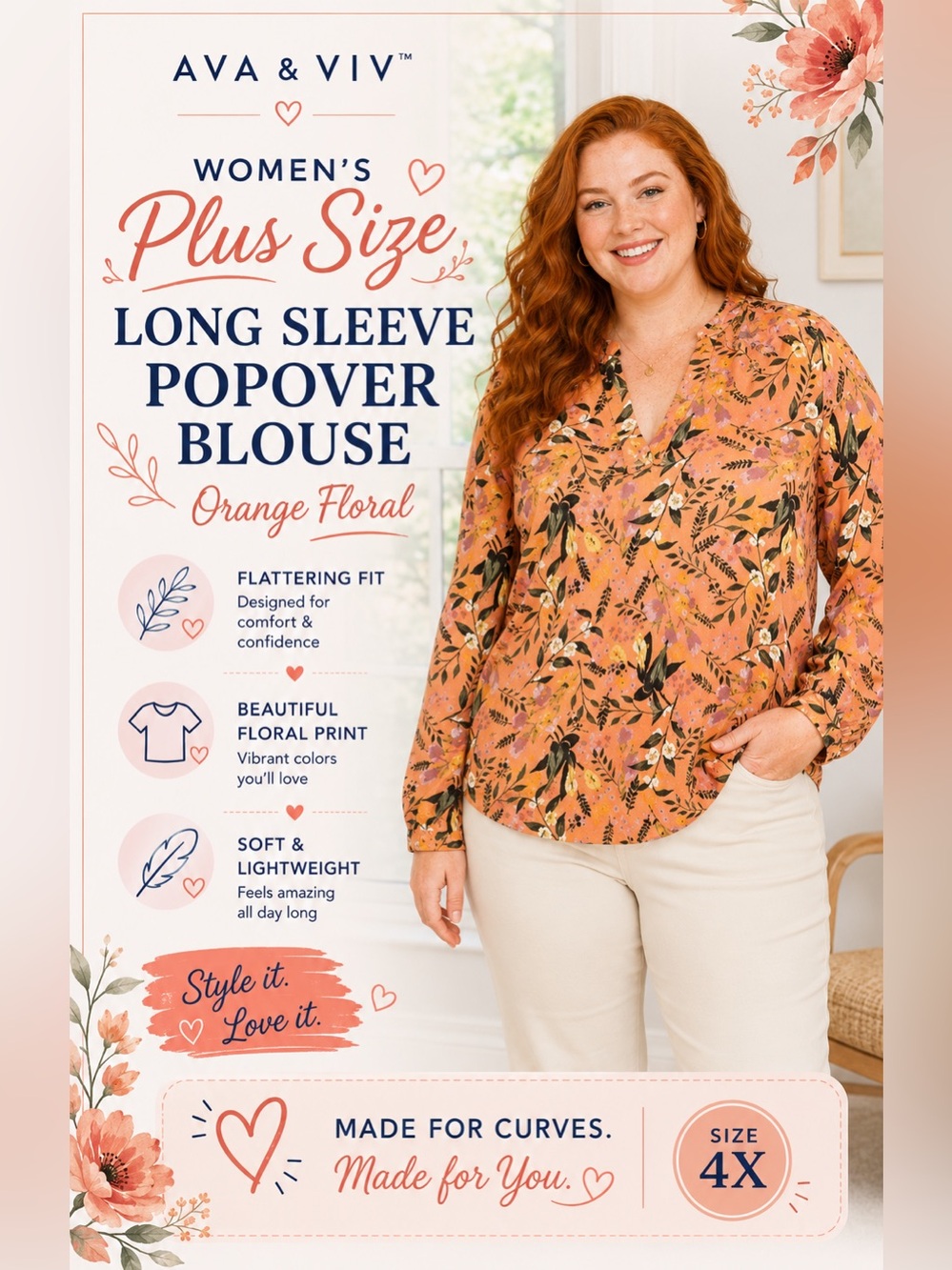 Ava and Viv Women's Plus Size Long Sleeve
Popover Blouse Orange Floral